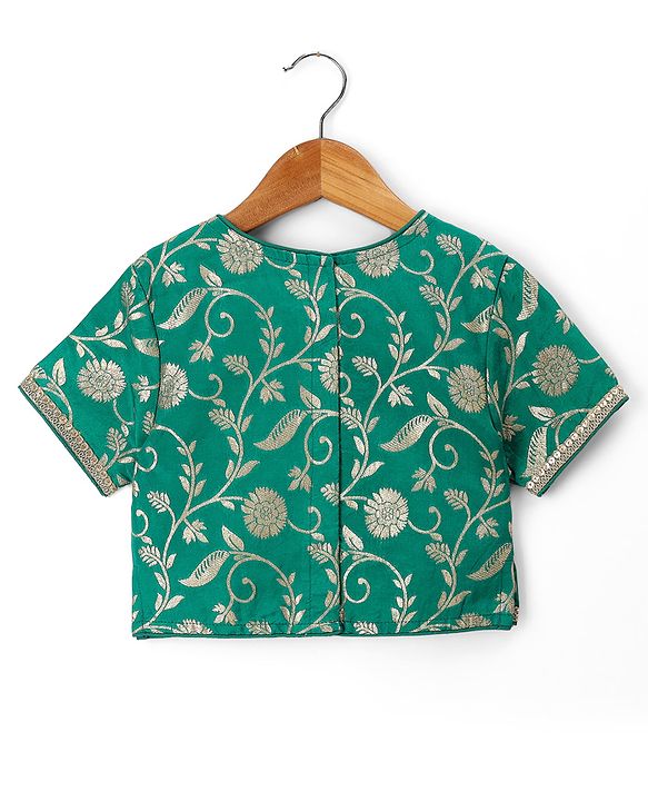 Pine Kids Woven Lehenga Choli and Dupatta Set with Half Sleeves and Floral Print - Dark Green