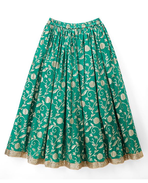 Pine Kids Woven Lehenga Choli and Dupatta Set with Half Sleeves and Floral Print - Dark Green