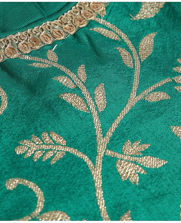 Pine Kids Woven Lehenga Choli and Dupatta Set with Half Sleeves and Floral Print - Dark Green
