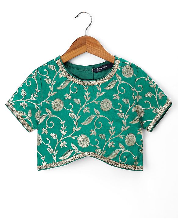 Pine Kids Woven Lehenga Choli and Dupatta Set with Half Sleeves and Floral Print - Dark Green