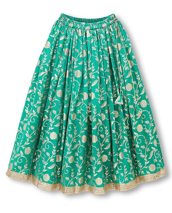 Pine Kids Woven Lehenga Choli and Dupatta Set with Half Sleeves and Floral Print - Dark Green