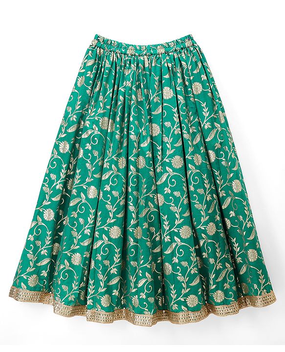 Pine Kids Woven Lehenga Choli and Dupatta Set with Half Sleeves and Floral Print - Dark Green