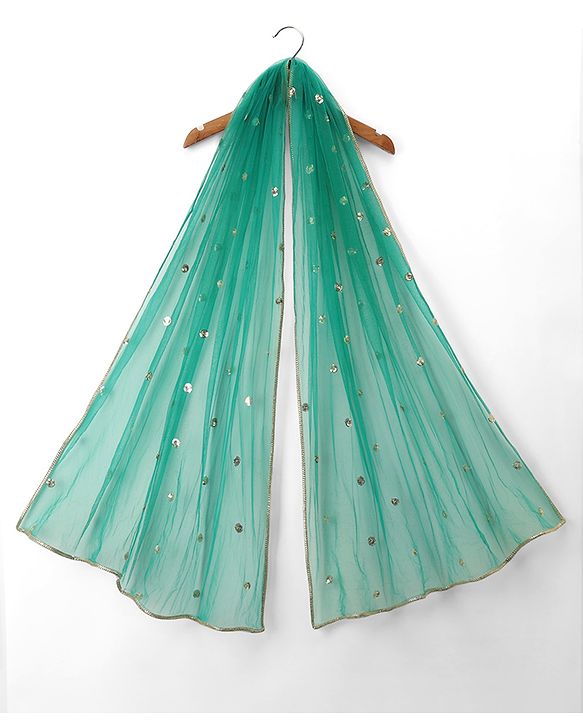 Pine Kids Woven Lehenga Choli and Dupatta Set with Half Sleeves and Floral Print - Dark Green