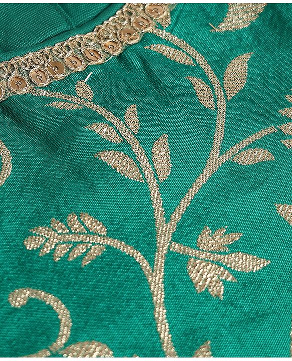 Pine Kids Woven Lehenga Choli and Dupatta Set with Half Sleeves and Floral Print - Dark Green