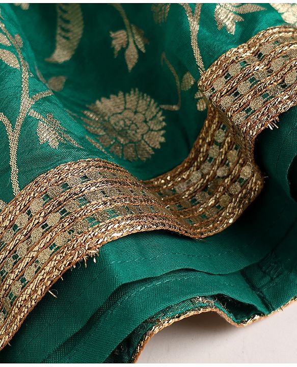 Pine Kids Woven Lehenga Choli and Dupatta Set with Half Sleeves and Floral Print - Dark Green