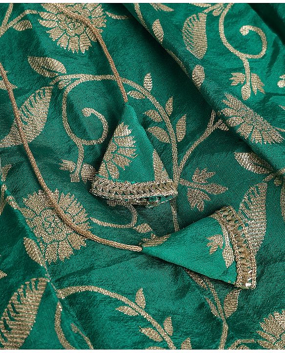 Pine Kids Woven Lehenga Choli and Dupatta Set with Half Sleeves and Floral Print - Dark Green