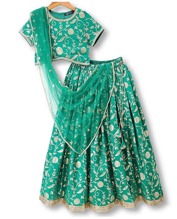 Pine Kids Woven Lehenga Choli and Dupatta Set with Half Sleeves and Floral Print - Dark Green