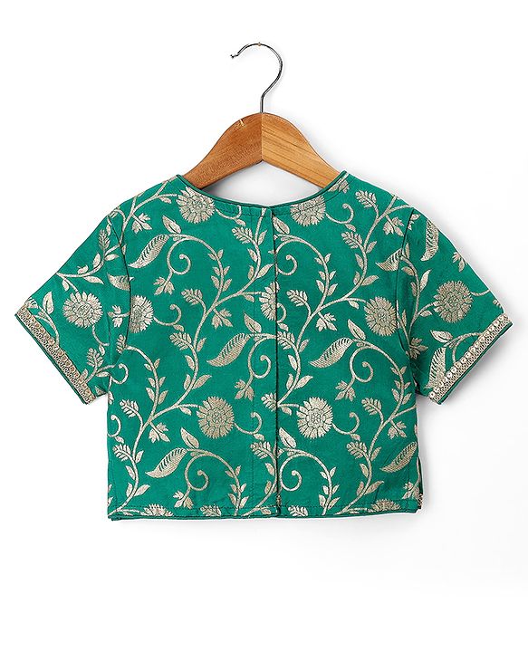 Pine Kids Woven Lehenga Choli and Dupatta Set with Half Sleeves and Floral Print - Dark Green
