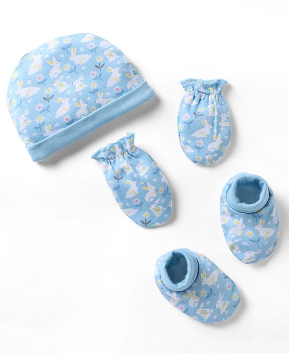 Babyhug 100% Cotton Interlock Knit Cap, Mittens & Booties with Floral Bunny Print Light Blue - Diameter 10 cm