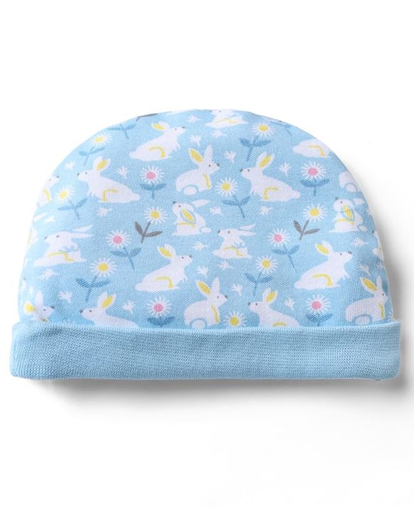 Babyhug 100% Cotton Interlock Knit Cap, Mittens & Booties with Floral Bunny Print Light Blue - Diameter 10 cm