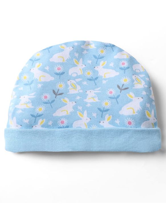 Babyhug 100% Cotton Interlock Knit Cap, Mittens & Booties with Floral Bunny Print Light Blue - Diameter 10 cm