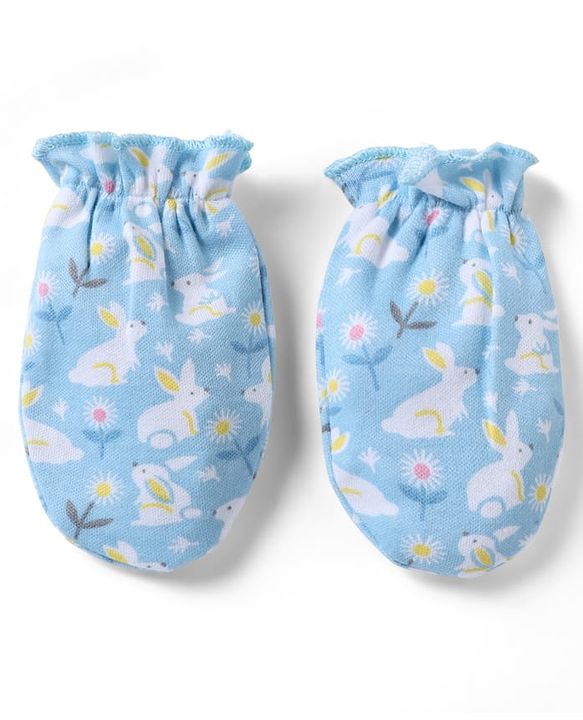 Babyhug 100% Cotton Interlock Knit Cap, Mittens & Booties with Floral Bunny Print Light Blue - Diameter 10 cm