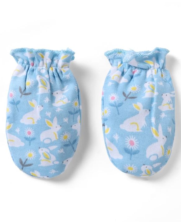 Babyhug 100% Cotton Interlock Knit Cap, Mittens & Booties with Floral Bunny Print Light Blue - Diameter 10 cm