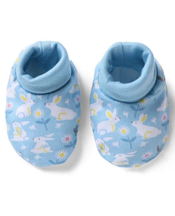 Babyhug 100% Cotton Interlock Knit Cap, Mittens & Booties with Floral Bunny Print Light Blue - Diameter 10 cm