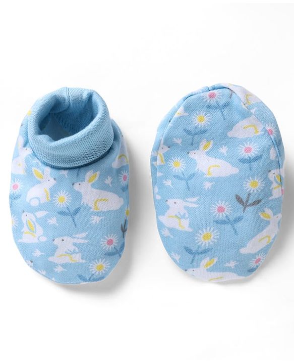 Babyhug 100% Cotton Interlock Knit Cap, Mittens & Booties with Floral Bunny Print Light Blue - Diameter 10 cm