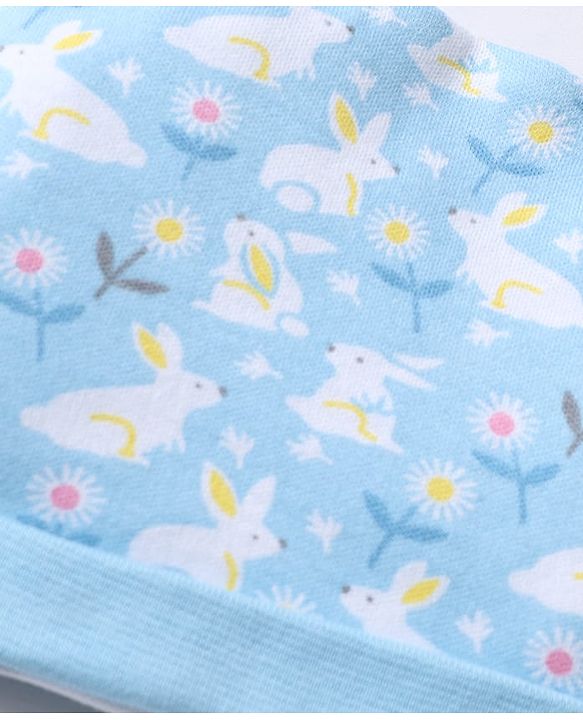 Babyhug 100% Cotton Interlock Knit Cap, Mittens & Booties with Floral Bunny Print Light Blue - Diameter 10 cm
