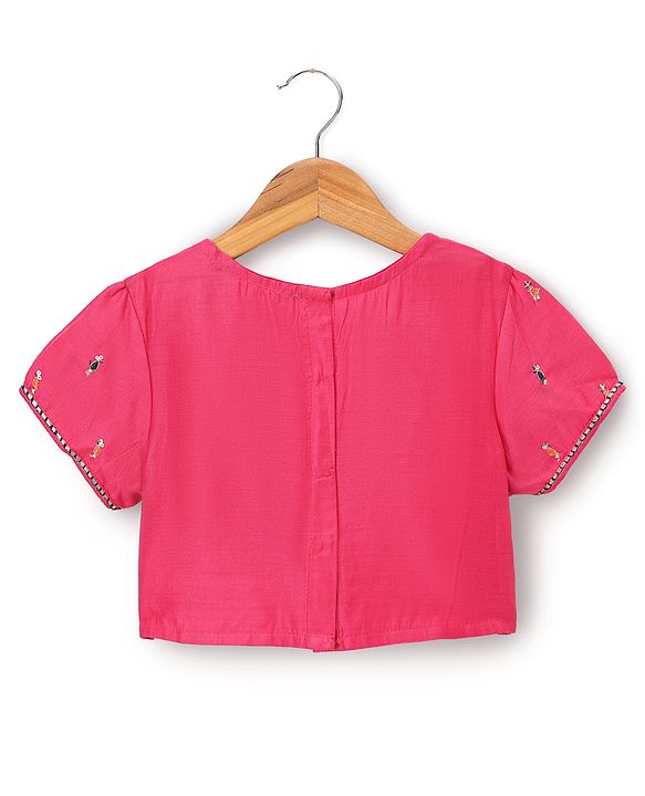 Pine Kids Woven Lehenga Choli & Dupatta with Half Sleeves and Floral Embroidery - Pink