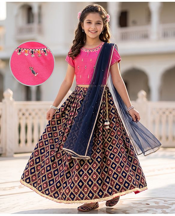 Pine Kids Woven Lehenga Choli & Dupatta with Half Sleeves and Floral Embroidery - Pink