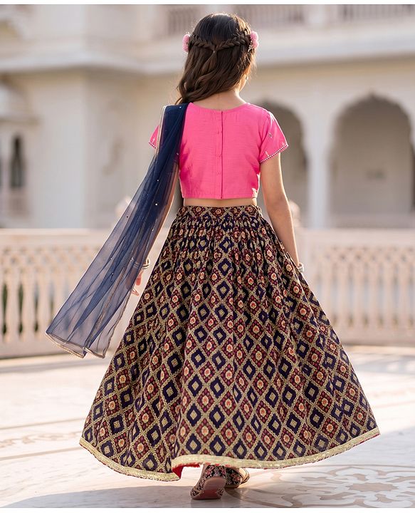 Pine Kids Woven Lehenga Choli & Dupatta with Half Sleeves and Floral Embroidery - Pink
