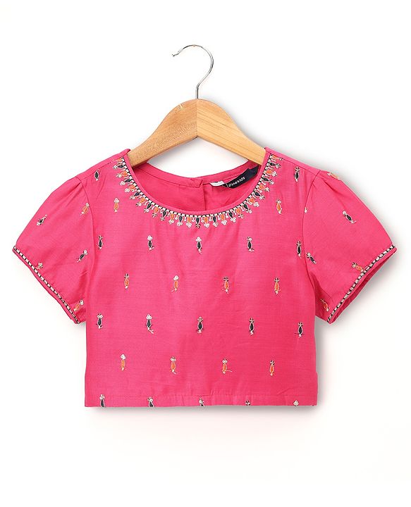 Pine Kids Woven Lehenga Choli & Dupatta with Half Sleeves and Floral Embroidery - Pink
