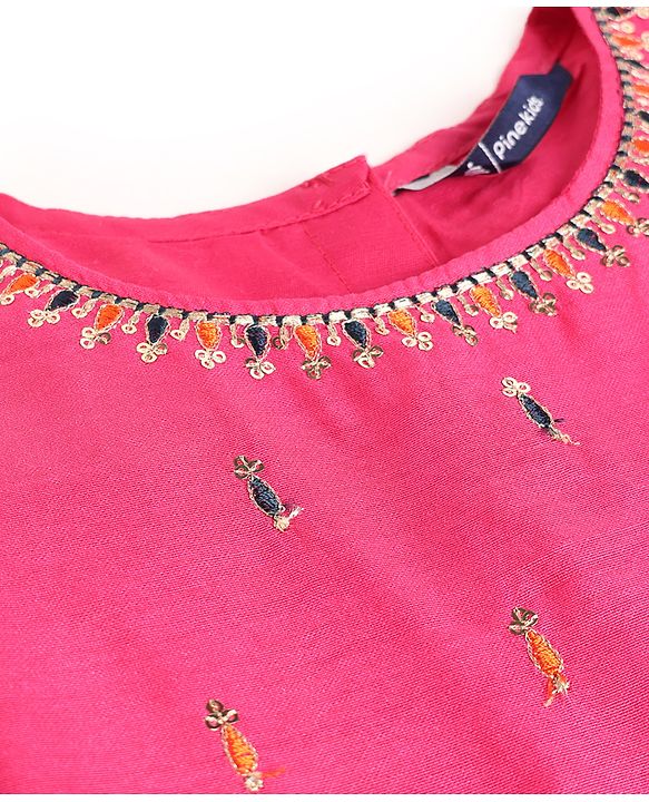 Pine Kids Woven Lehenga Choli & Dupatta with Half Sleeves and Floral Embroidery - Pink