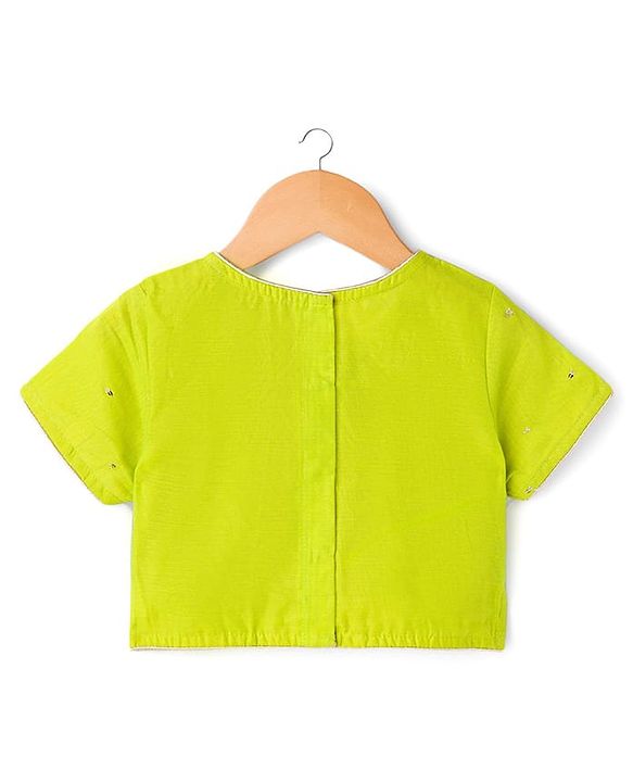 Pine Kids Woven Half Sleeves Floral Embroidered & Leaves Foil Printed Lehenga Choli Set With Dupatta - Limegreen