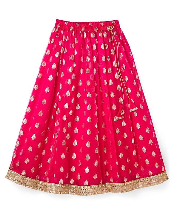 Pine Kids Woven Half Sleeves Floral Embroidered & Leaves Foil Printed Lehenga Choli Set With Dupatta - Limegreen
