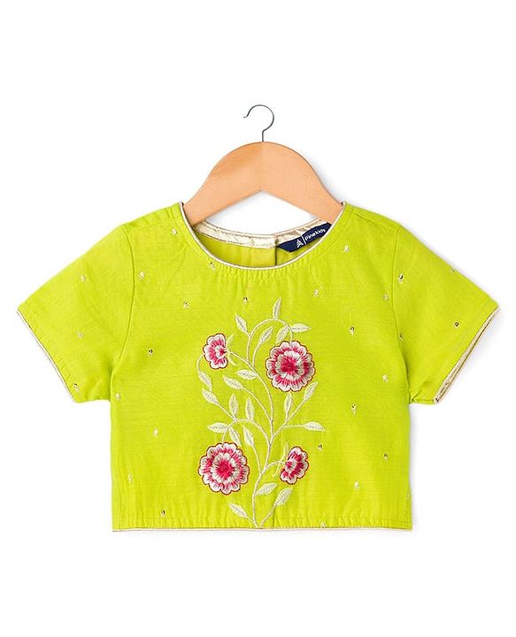 Pine Kids Woven Half Sleeves Floral Embroidered & Leaves Foil Printed Lehenga Choli Set With Dupatta - Limegreen