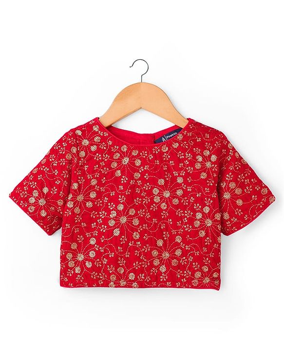 Pine Kids Woven Half Sleeves Floral Sequinned & Foil Printed Lehenga & Choli Set With Dupatta - Red & Navy Blue