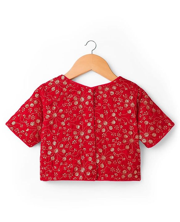 Pine Kids Woven Half Sleeves Floral Sequinned & Foil Printed Lehenga & Choli Set With Dupatta - Red & Navy Blue