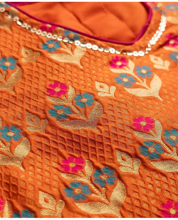 Pine Kids Woven Half Sleeves Lehenga Choli & Dupatta Set With Floral Print - Orange & Green