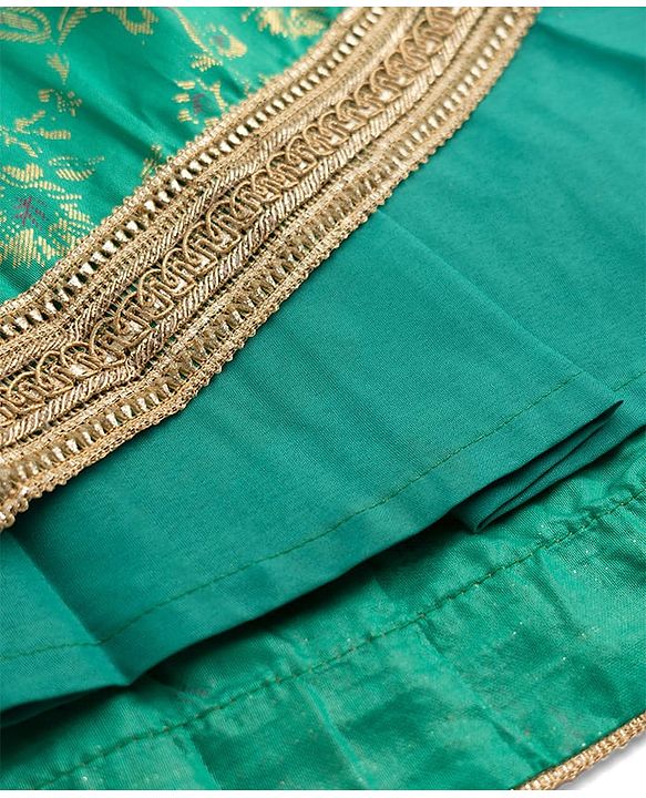 Pine Kids Woven Half Sleeves Lehenga Choli & Dupatta Set With Floral Print - Orange & Green