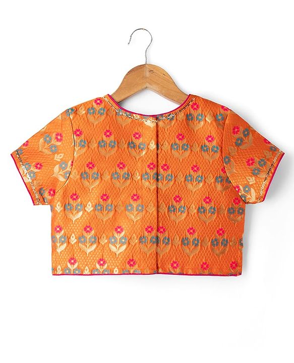 Pine Kids Woven Half Sleeves Lehenga Choli & Dupatta Set With Floral Print - Orange & Green