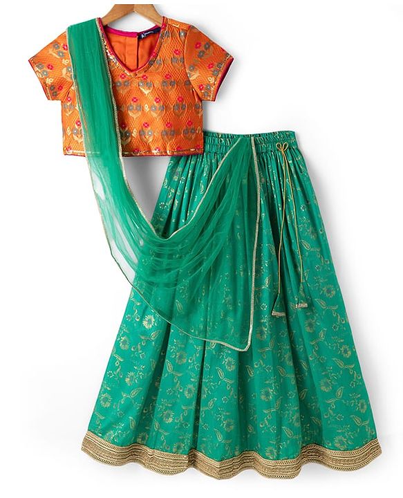 Pine Kids Woven Half Sleeves Lehenga Choli & Dupatta Set With Floral Print - Orange & Green