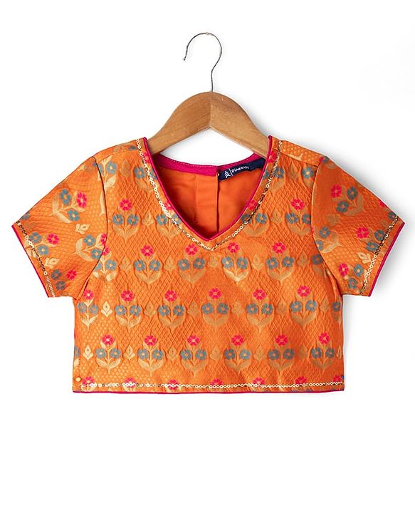 Pine Kids Woven Half Sleeves Lehenga Choli & Dupatta Set With Floral Print - Orange & Green