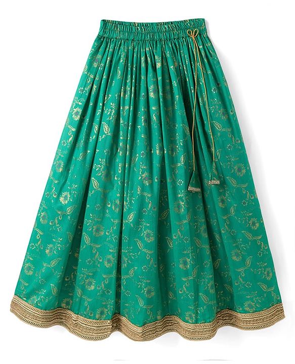 Pine Kids Woven Half Sleeves Lehenga Choli & Dupatta Set With Floral Print - Orange & Green
