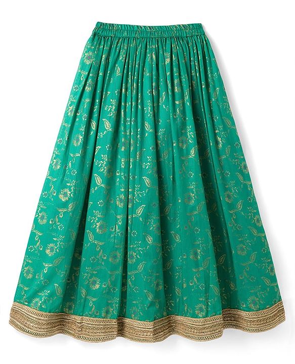 Pine Kids Woven Half Sleeves Lehenga Choli & Dupatta Set With Floral Print - Orange & Green