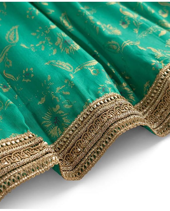 Pine Kids Woven Half Sleeves Lehenga Choli & Dupatta Set With Floral Print - Orange & Green
