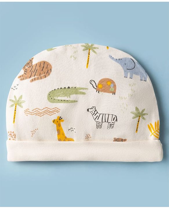 Babyhug 100% Cotton Interlock Knit Cap Mittens & Booties With Jungle Theme Print White - Diameter 11.5 cm