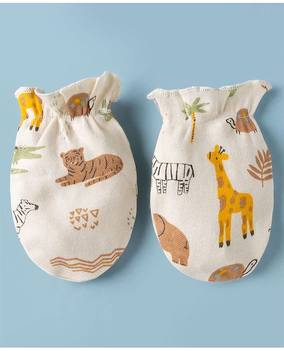 Babyhug 100% Cotton Interlock Knit Cap Mittens & Booties With Jungle Theme Print White - Diameter 11.5 cm
