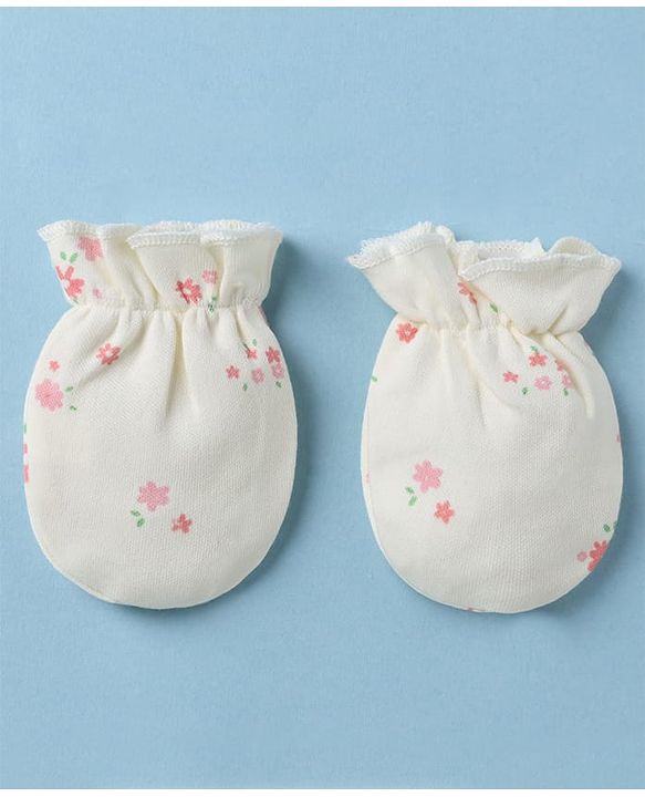Babyhug 100% Cotton Interlock Knit Cap, Mitten & Booties With Floral Print In White - Diameter 10.5 cm