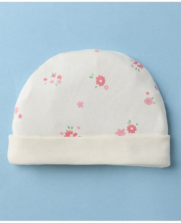Babyhug 100% Cotton Interlock Knit Cap, Mitten & Booties With Floral Print In White - Diameter 10.5 cm