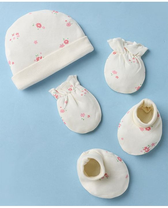 Babyhug 100% Cotton Interlock Knit Cap, Mitten & Booties With Floral Print In White - Diameter 10.5 cm
