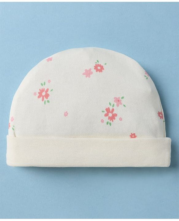 Babyhug 100% Cotton Interlock Knit Cap, Mitten & Booties With Floral Print In White - Diameter 10.5 cm