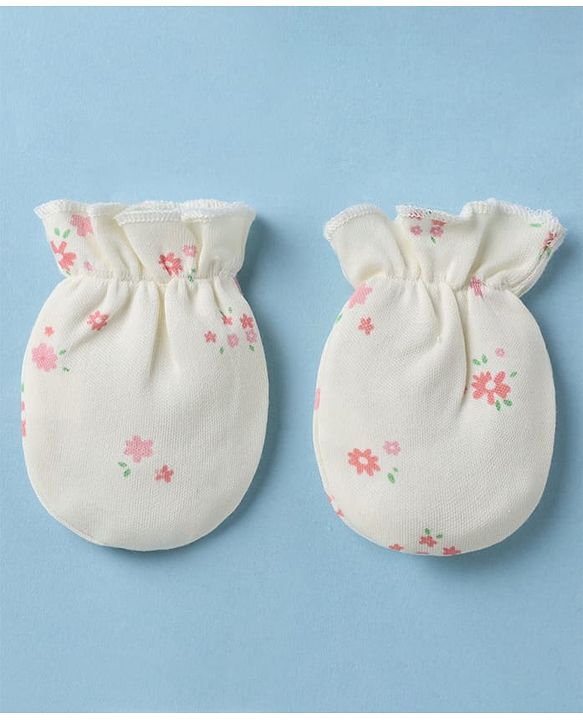 Babyhug 100% Cotton Interlock Knit Cap, Mitten & Booties With Floral Print In White - Diameter 10.5 cm