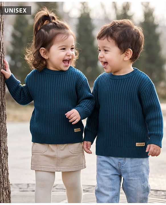 Babyhug Knit Full Sleeves Striped Pullover With Patch - Navy Blue
