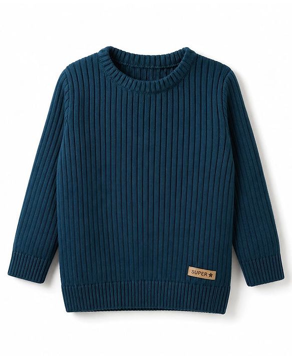 Babyhug Knit Full Sleeves Striped Pullover With Patch - Navy Blue
