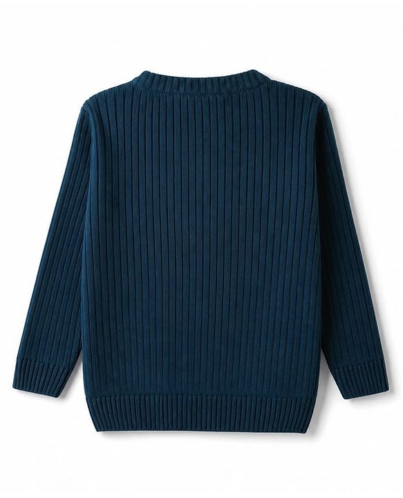 Babyhug Knit Full Sleeves Striped Pullover With Patch - Navy Blue