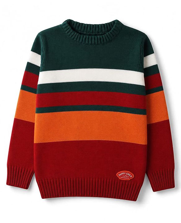 Babyhug Knit Full Sleeves Striped Pullover Sweater With Patch - Red