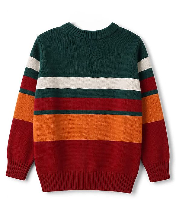 Babyhug Knit Full Sleeves Striped Pullover Sweater With Patch - Red